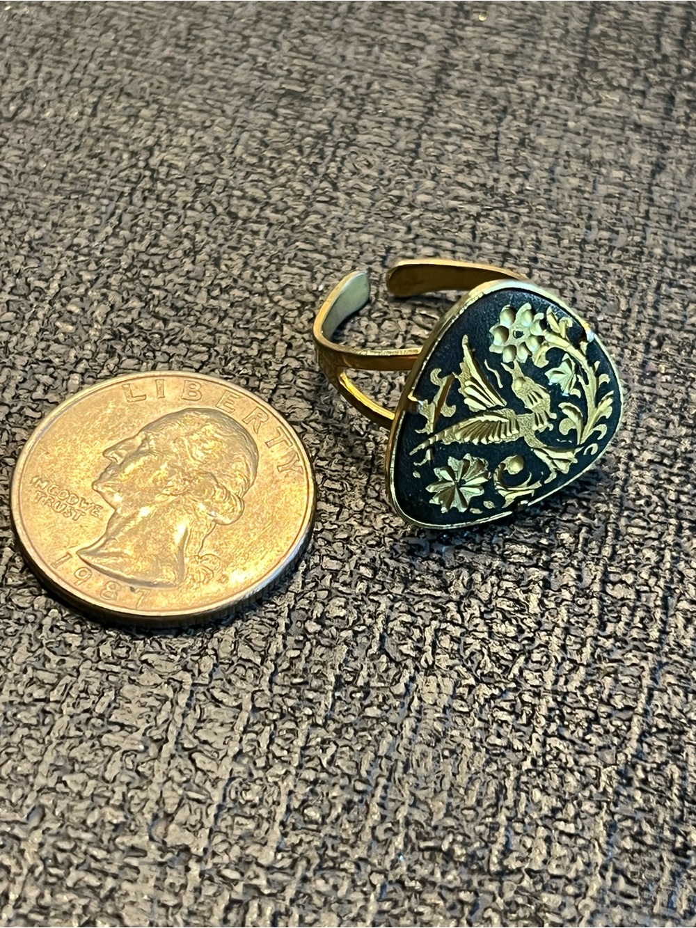 Gold-Tone Black Enamel Floral Bird Adjustable Ring